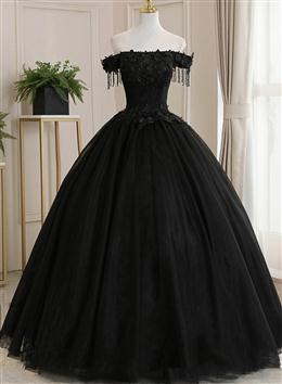 Picture of Black Color Off Shoulder Sweet 16 Formal Dresses with Lace, Black Color Long Prom Dresses